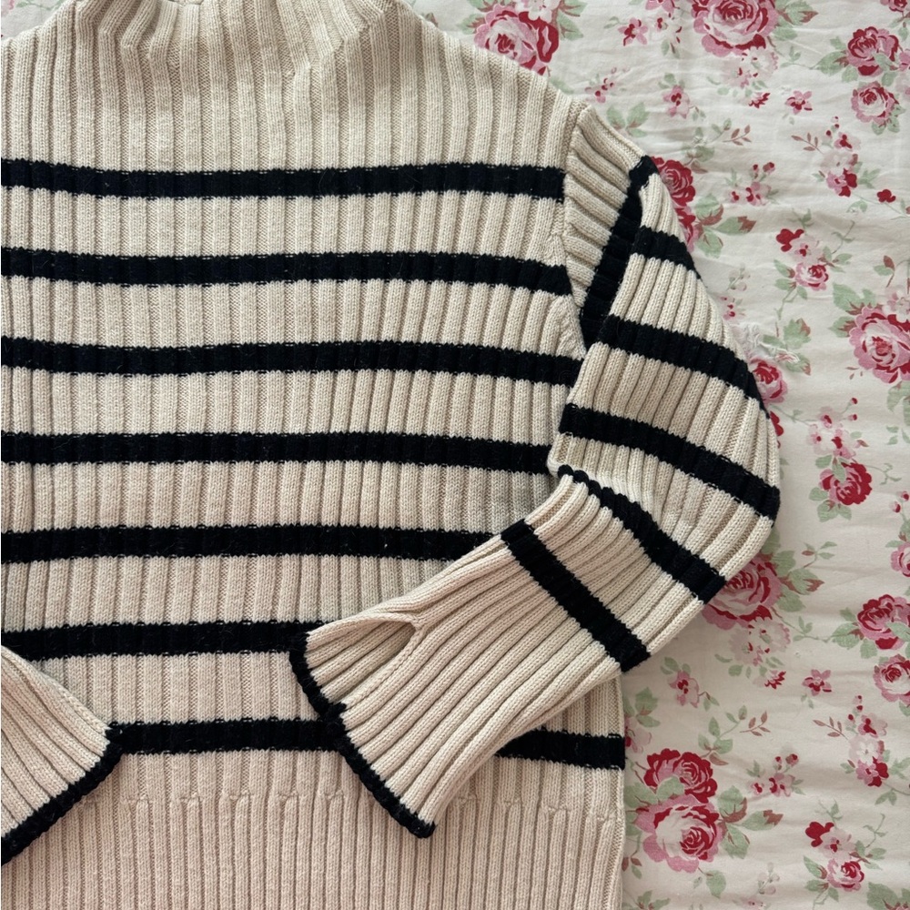 Zara Black and Cream Striped Turtleneck Sweater